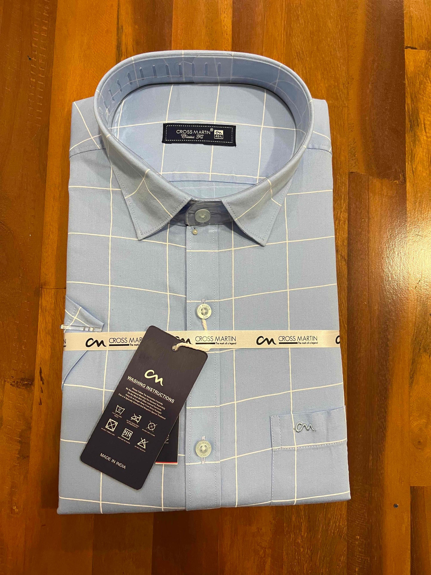 Pure Cotton Light Blue Checkered Shirt (42 HS)