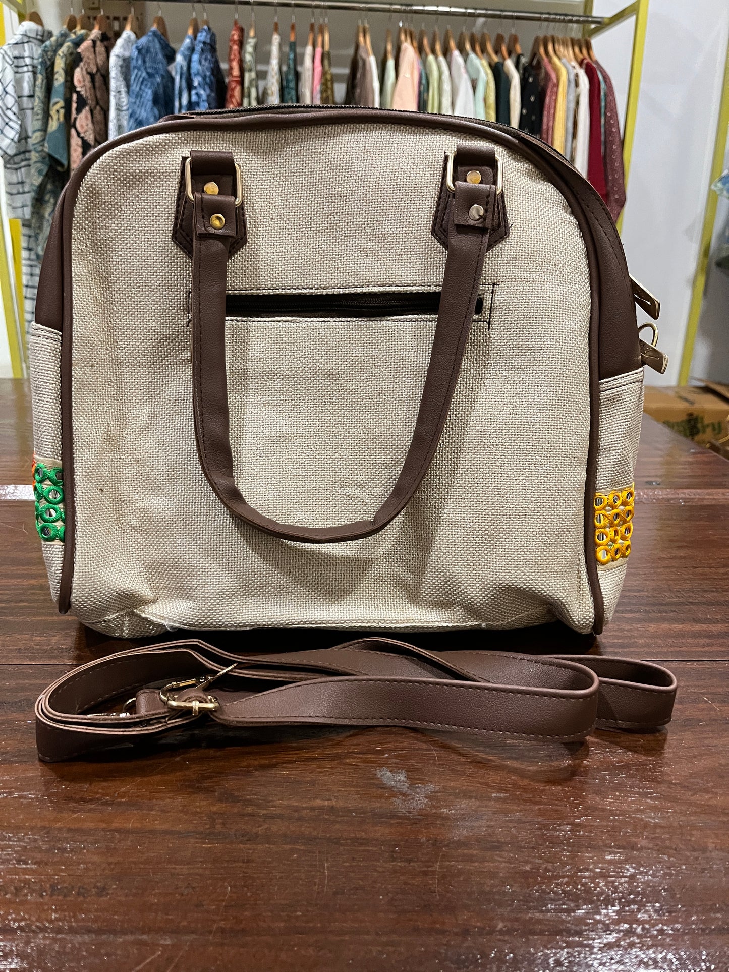 Southloom™ Handmade Off White Sling Handbag with Mirror Work