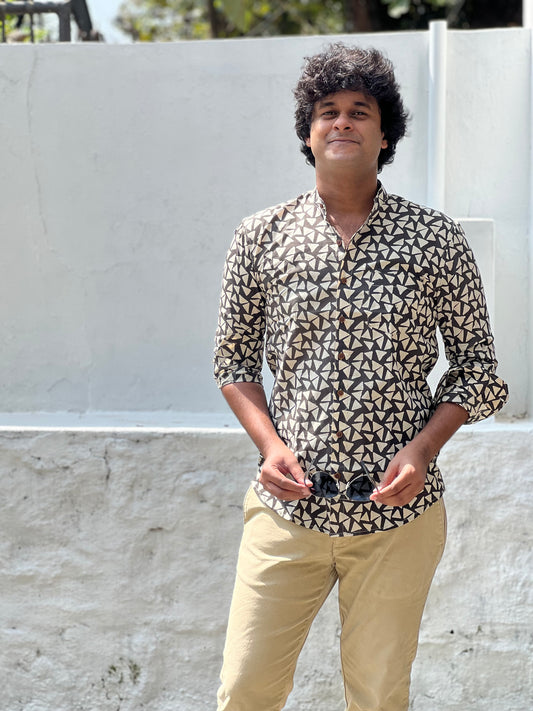 Southloom Jaipur Cotton Black and Cream Hand Block Printed Shirt (Full Sleeves)