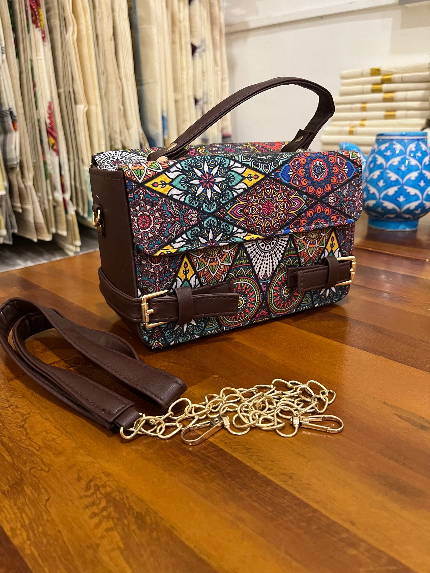 Southloom™ Handmade Multi Colour Printed Boxy Sling Bag with Leatherette