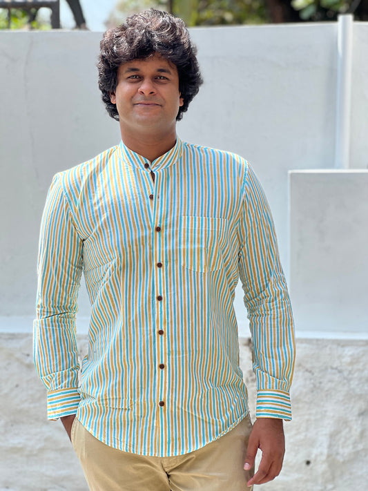 Southloom Jaipur Cotton Green and Yellow Hand Block Printed Shirt (Full Sleeves)