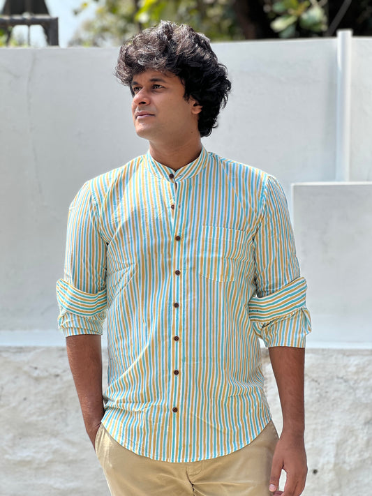 Southloom Jaipur Cotton Green and Yellow Hand Block Printed Shirt (Full Sleeves)