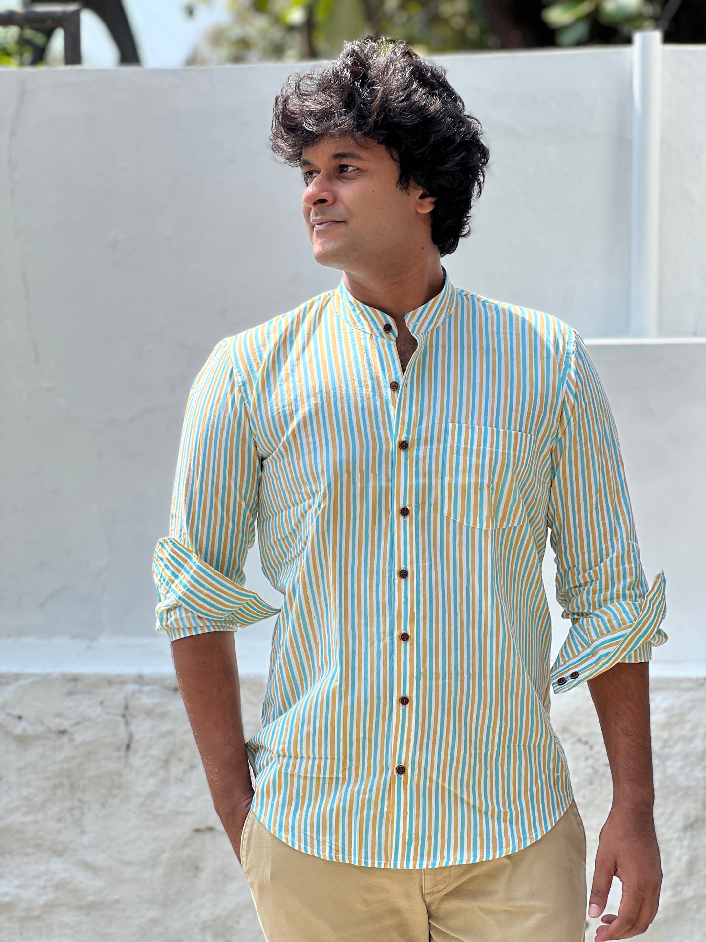 Southloom Jaipur Cotton Green and Yellow Hand Block Printed Shirt (Full Sleeves)