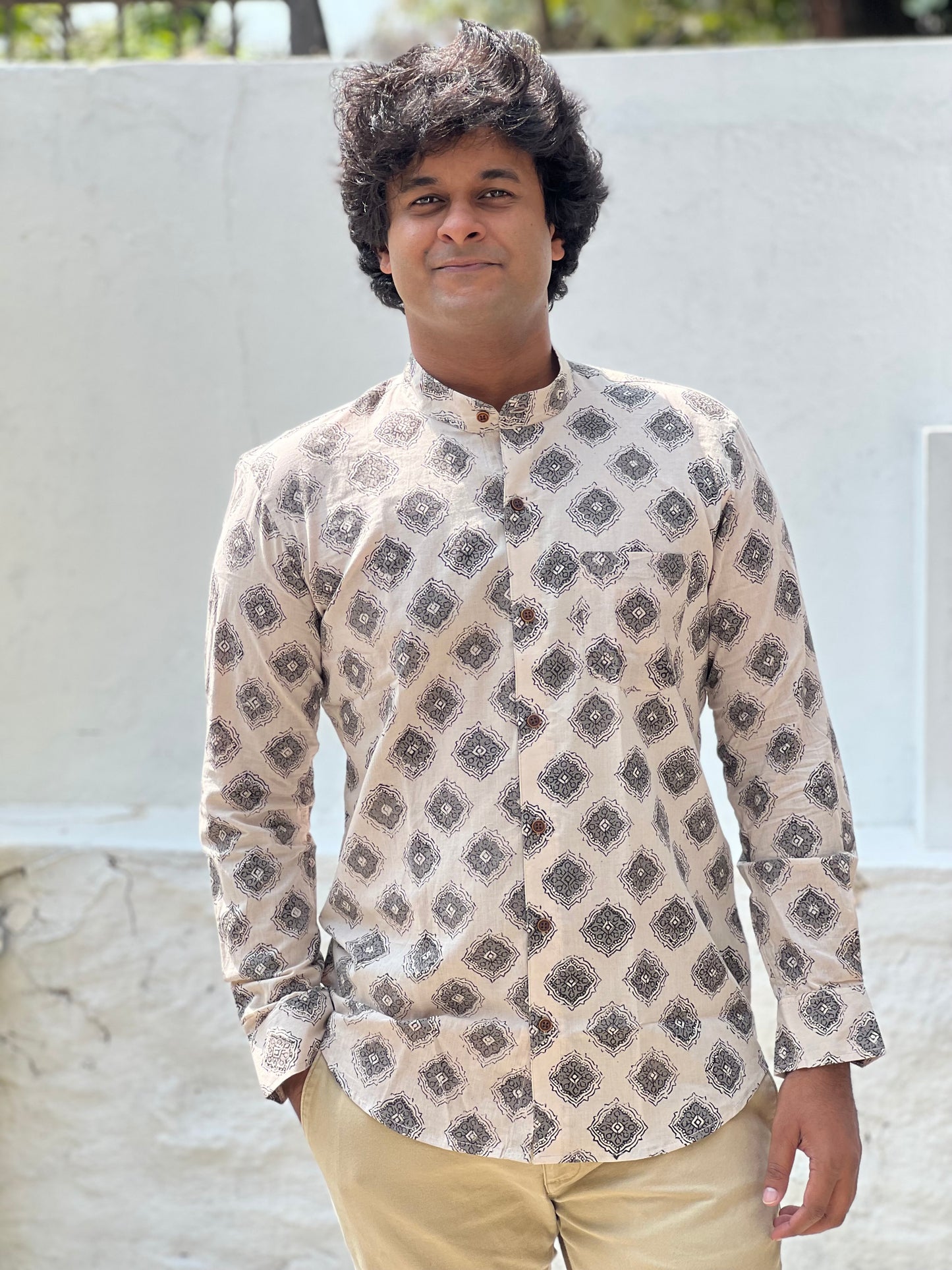 Southloom Jaipur Cotton Grey Hand Block Printed Shirt (Full Sleeves)