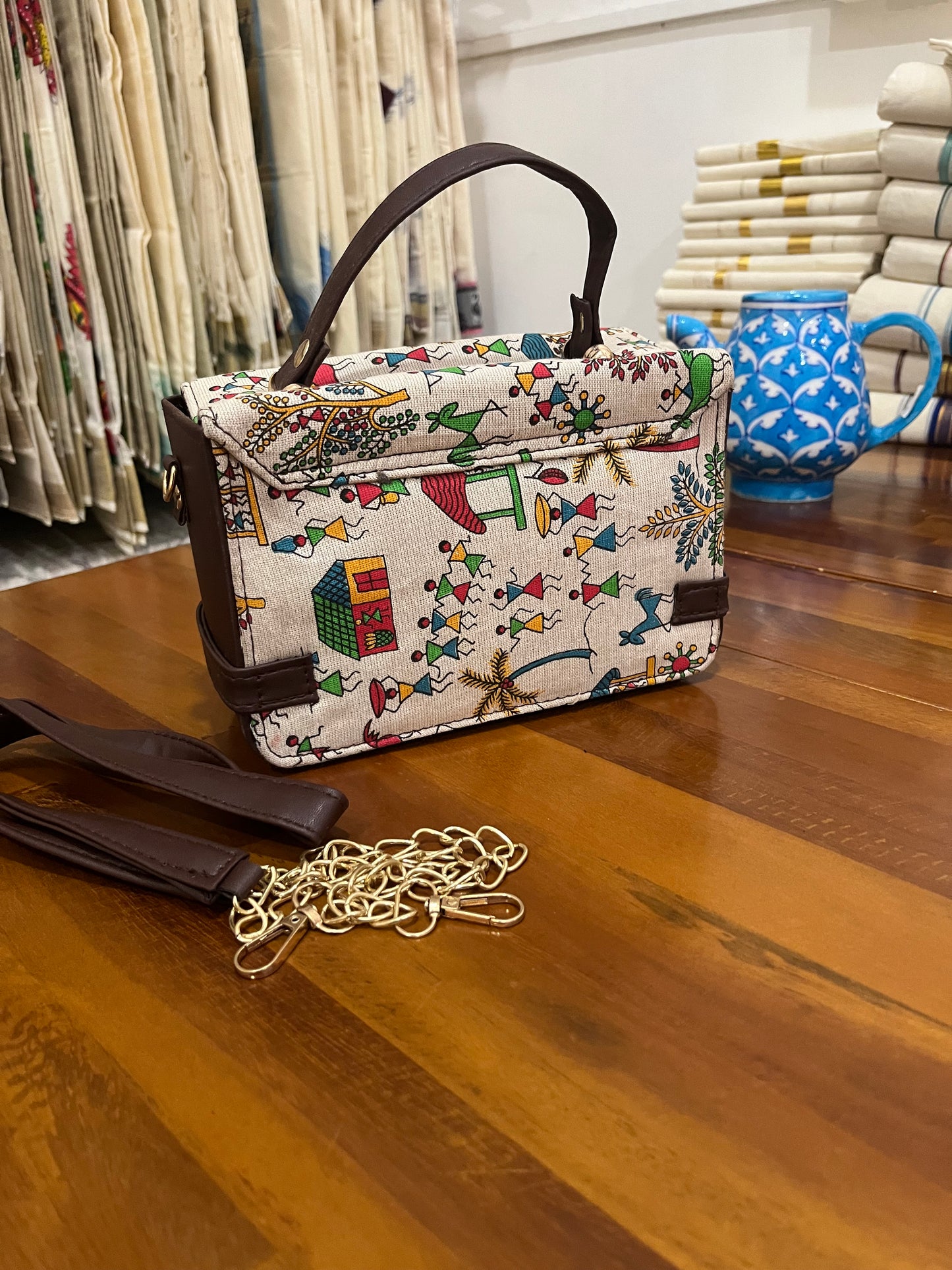 Southloom™ Handmade Multi Colour Printed Boxy Sling Bag with Leatherette