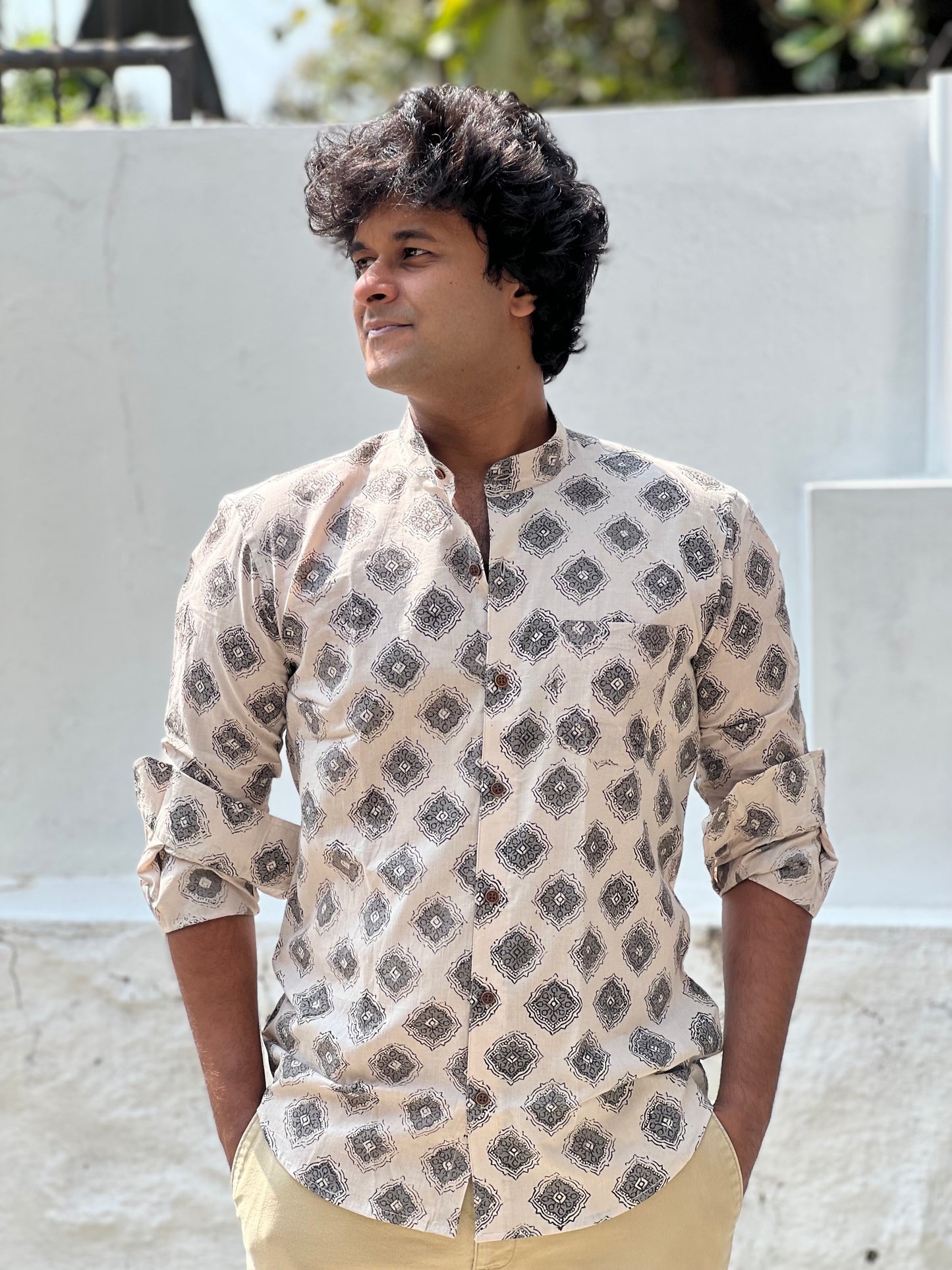 Southloom Jaipur Cotton Grey Hand Block Printed Shirt (Full Sleeves)