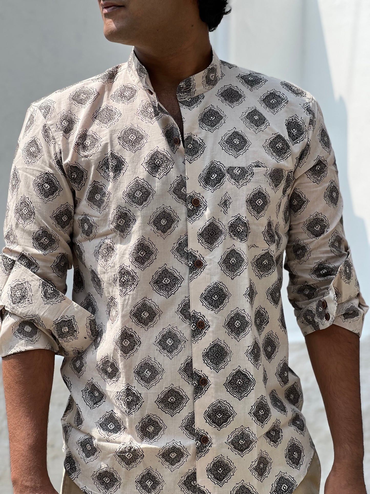 Southloom Jaipur Cotton Grey Hand Block Printed Shirt (Full Sleeves)