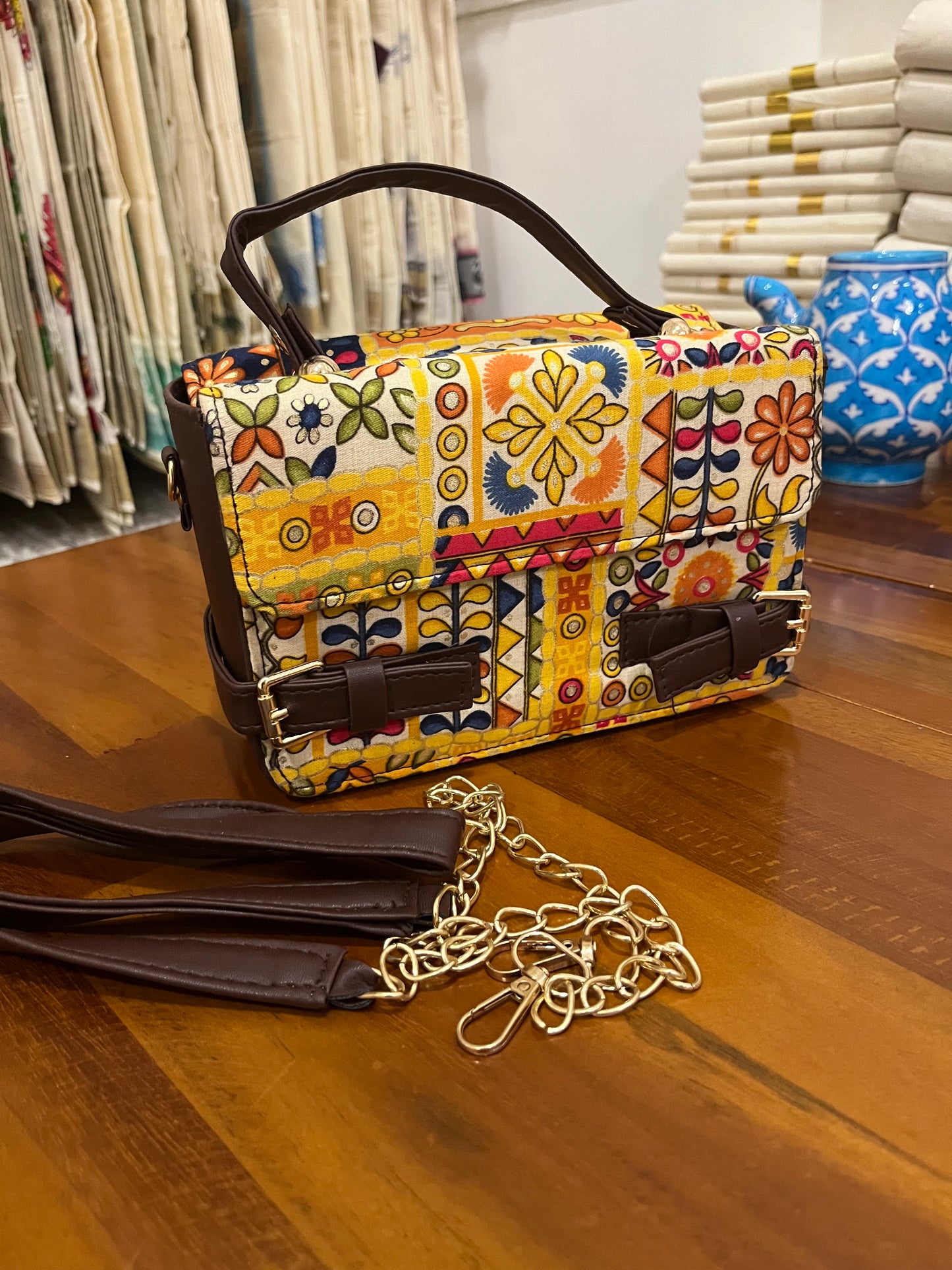 Southloom™ Handmade Multi Colour Printed Boxy Sling Bag with Leatherette