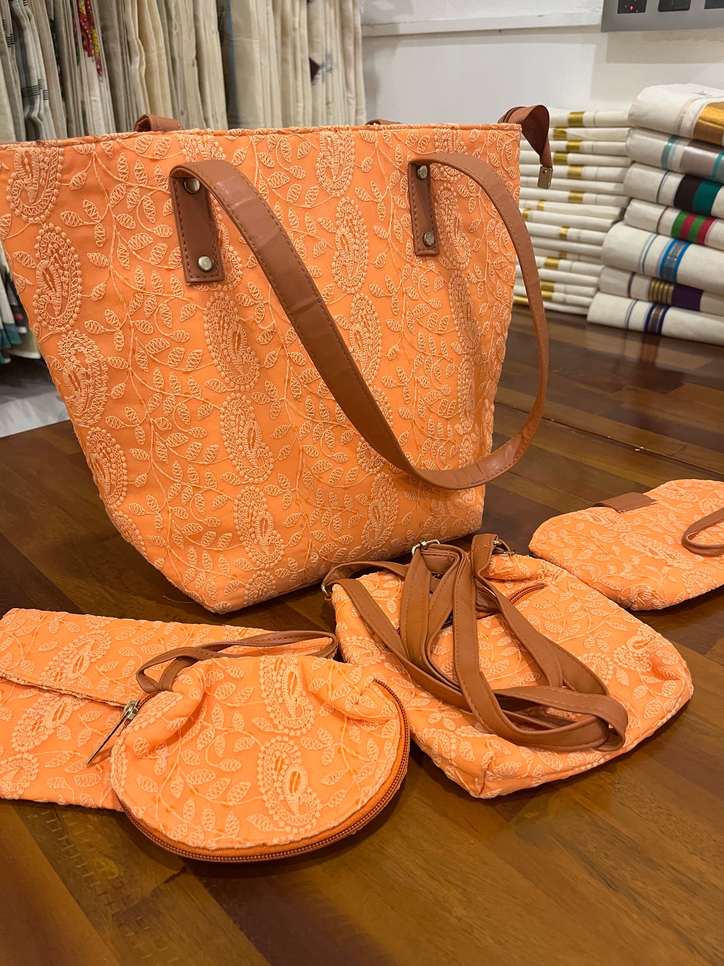 Southloom™ Handmade Orange Chikankari Work Sling Bag - 5 Piece Set