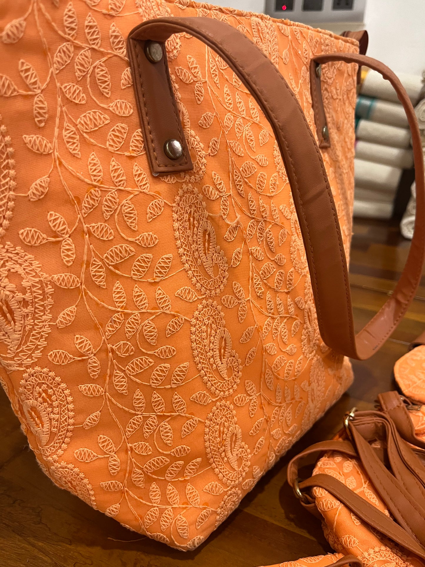 Southloom™ Handmade Orange Chikankari Work Sling Bag - 5 Piece Set