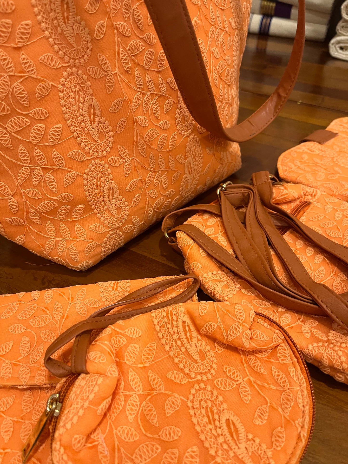 Southloom™ Handmade Orange Chikankari Work Sling Bag - 5 Piece Set