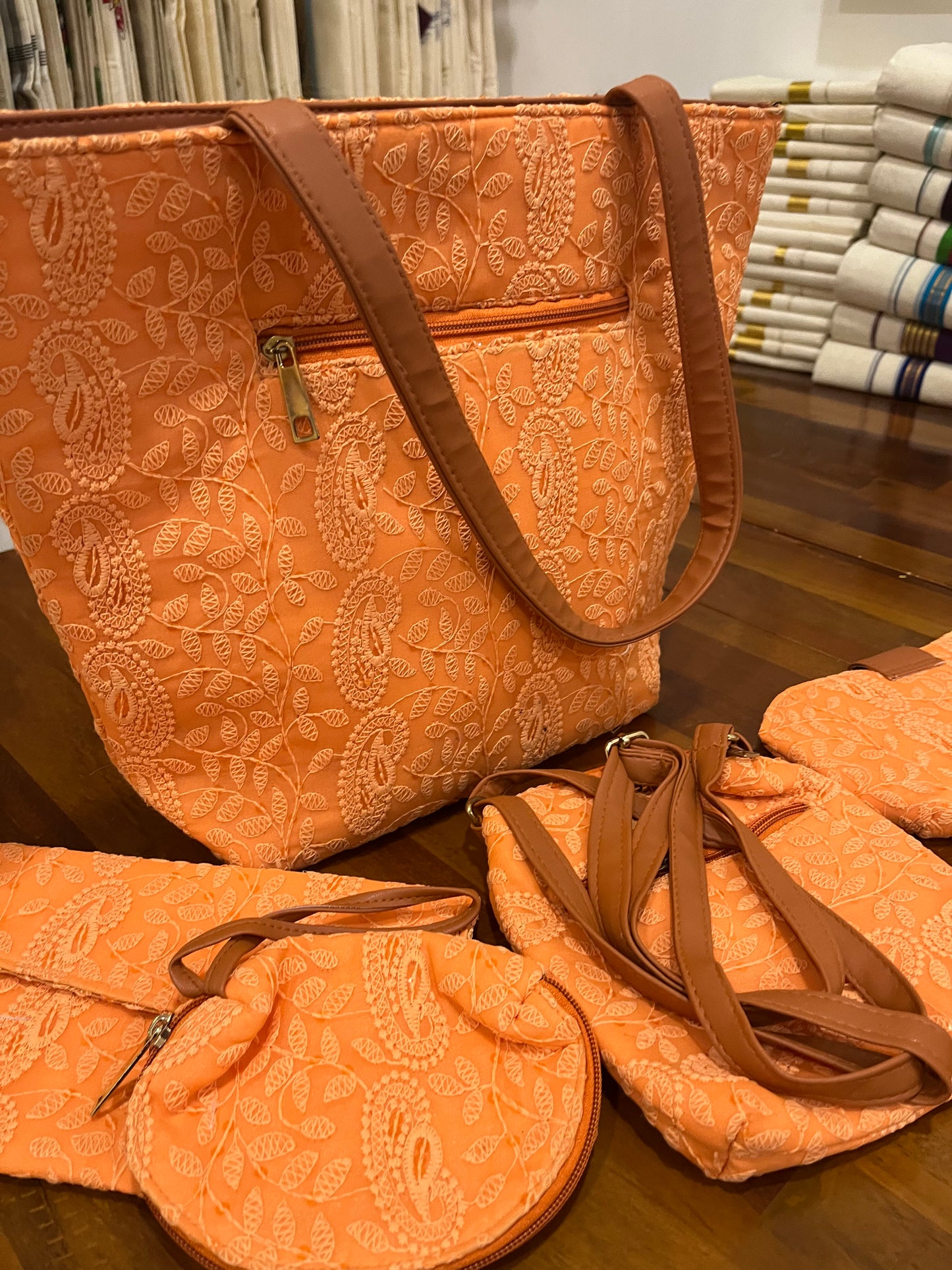 Southloom™ Handmade Orange Chikankari Work Sling Bag - 5 Piece Set