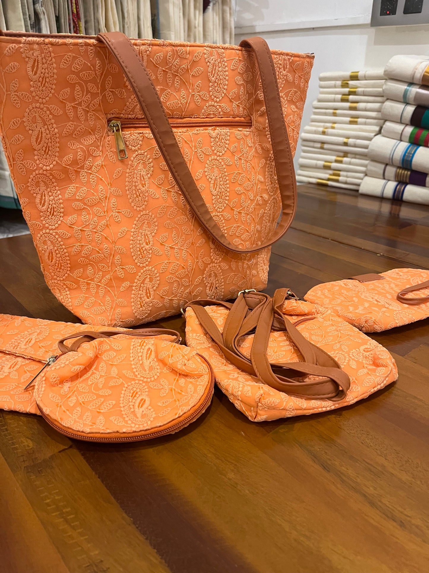 Southloom™ Handmade Orange Chikankari Work Sling Bag - 5 Piece Set