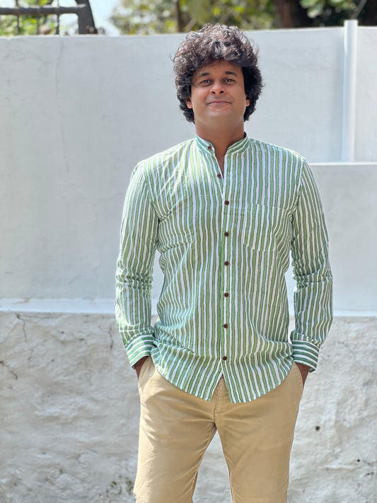 Southloom Jaipur Cotton Green Hand Block Printed Shirt (Full Sleeves)