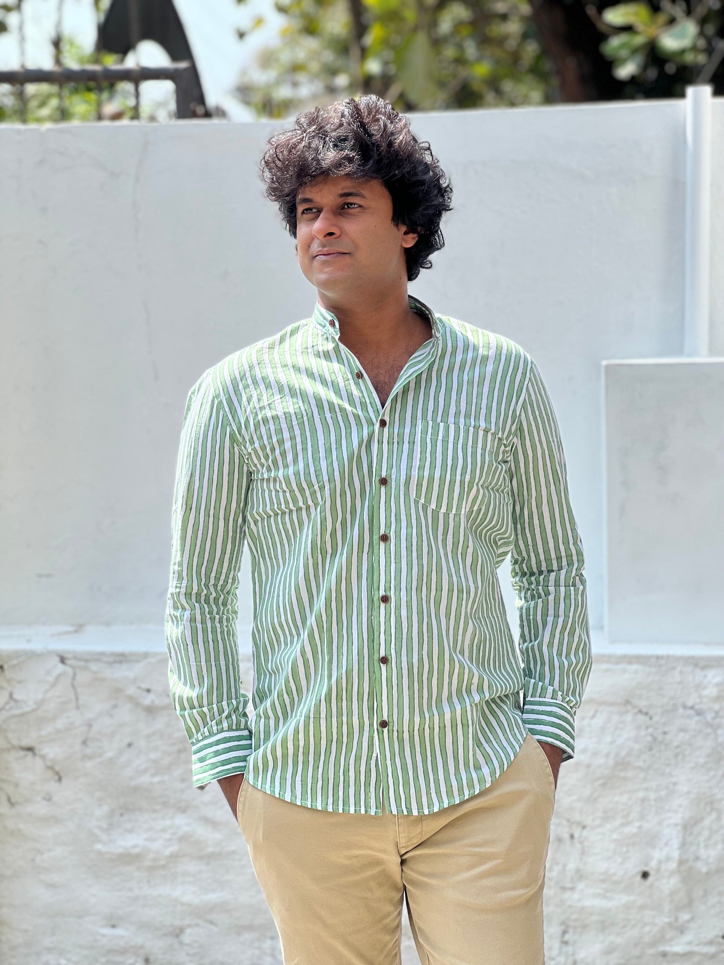 Southloom Jaipur Cotton Green Hand Block Printed Shirt (Full Sleeves)