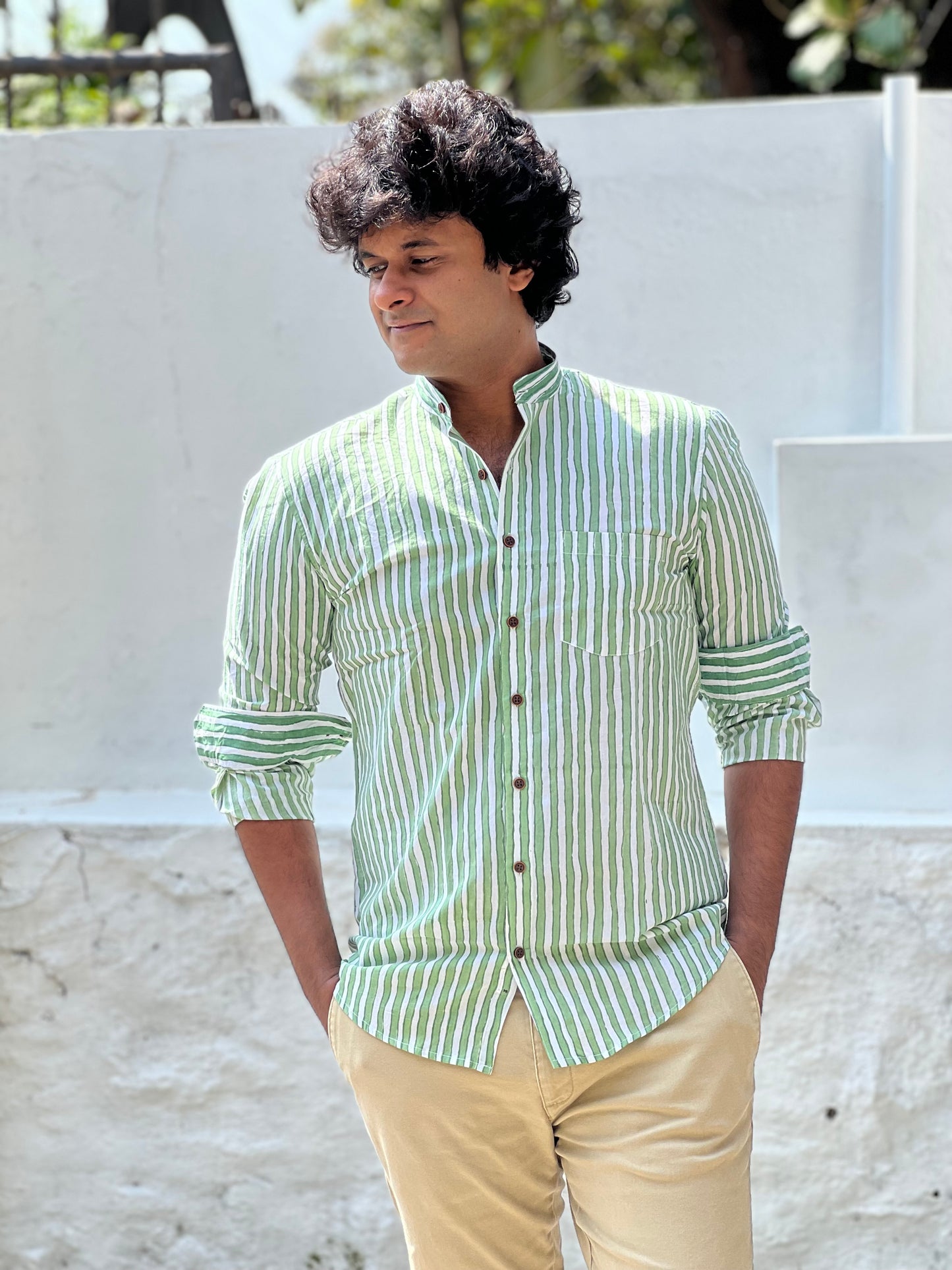 Southloom Jaipur Cotton Green Hand Block Printed Shirt (Full Sleeves)