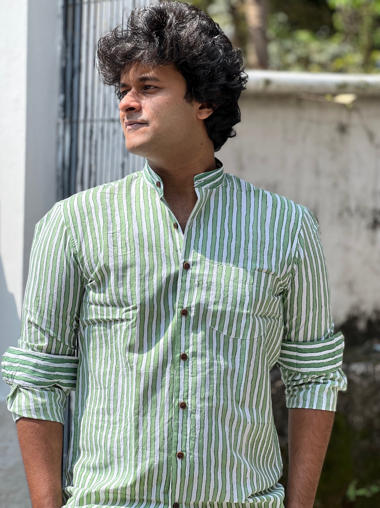 Southloom Jaipur Cotton Green Hand Block Printed Shirt (Full Sleeves)