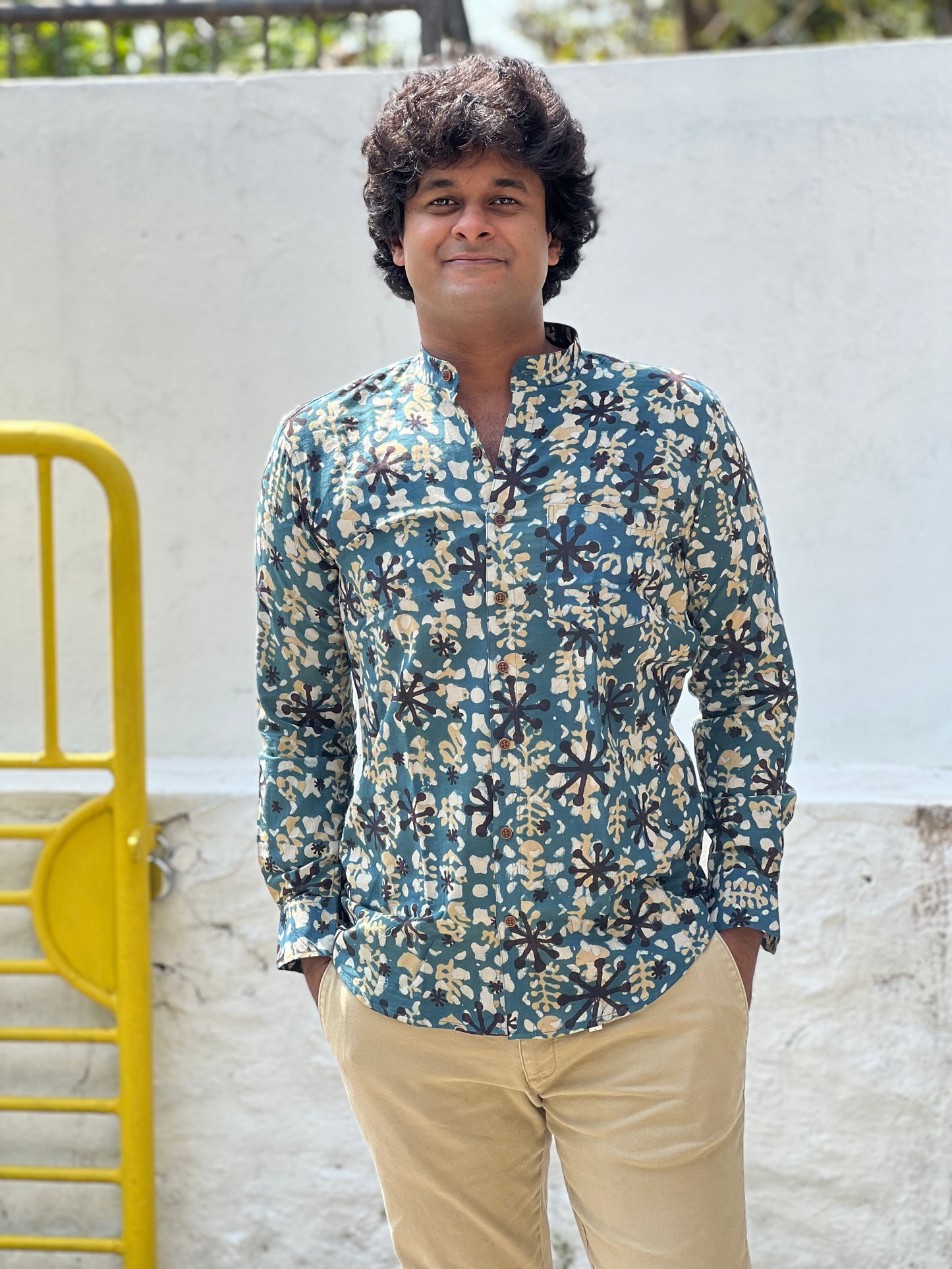 Southloom Jaipur Cotton Blue and Black Hand Block Printed Shirt (Full Sleeves)
