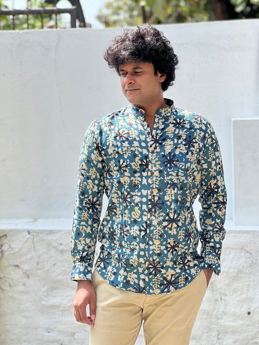 Southloom Jaipur Cotton Blue and Black Hand Block Printed Shirt (Full Sleeves)