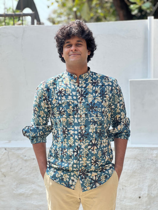 Southloom Jaipur Cotton Blue and Black Hand Block Printed Shirt (Full Sleeves)