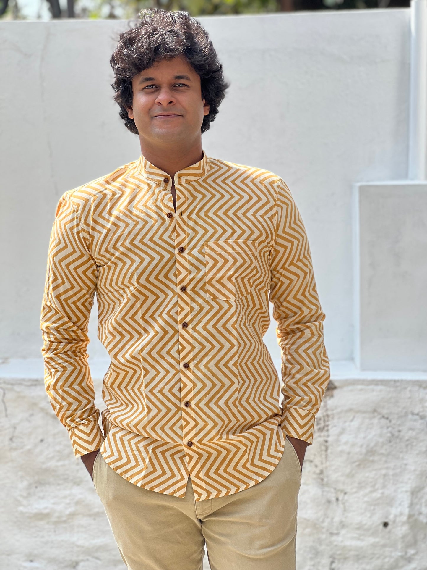 Southloom Jaipur Cotton Yellow Hand Block Printed Shirt (Full Sleeves)