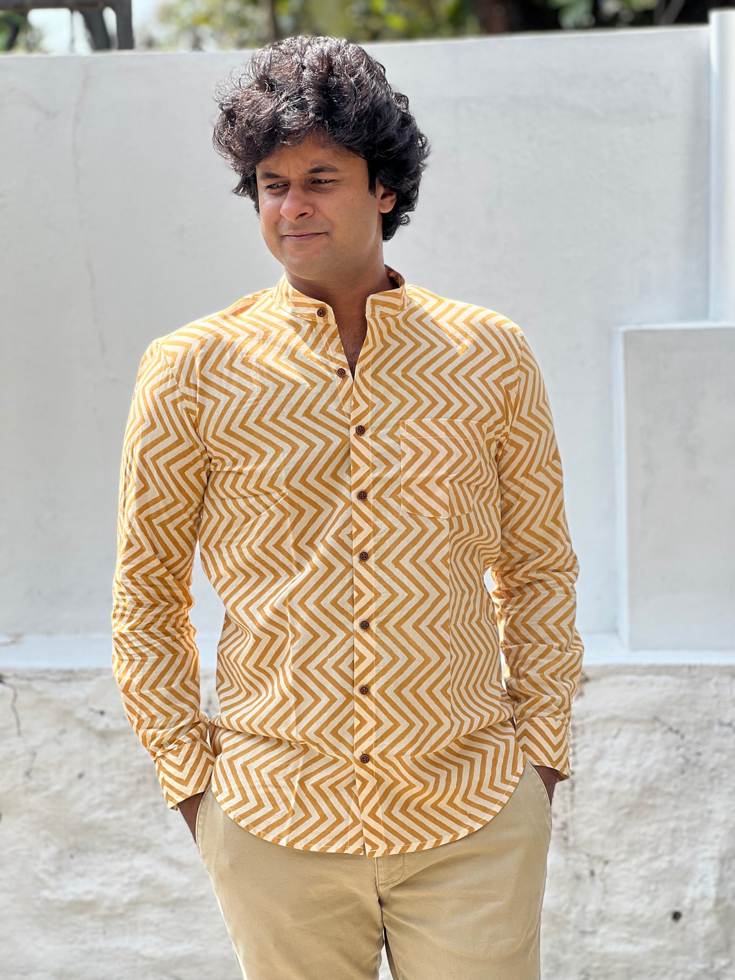 Southloom Jaipur Cotton Yellow Hand Block Printed Shirt (Full Sleeves)