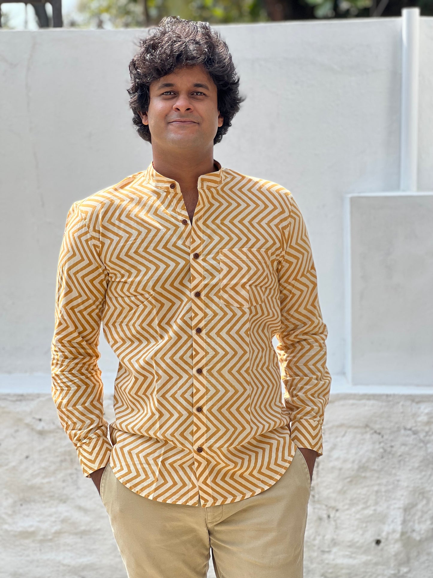 Southloom Jaipur Cotton Yellow Hand Block Printed Shirt (Full Sleeves)