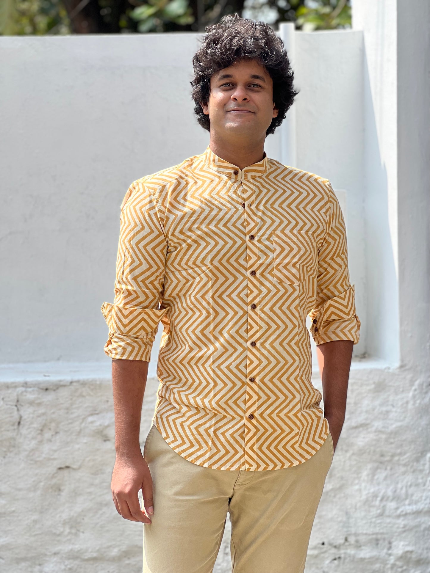 Southloom Jaipur Cotton Yellow Hand Block Printed Shirt (Full Sleeves)