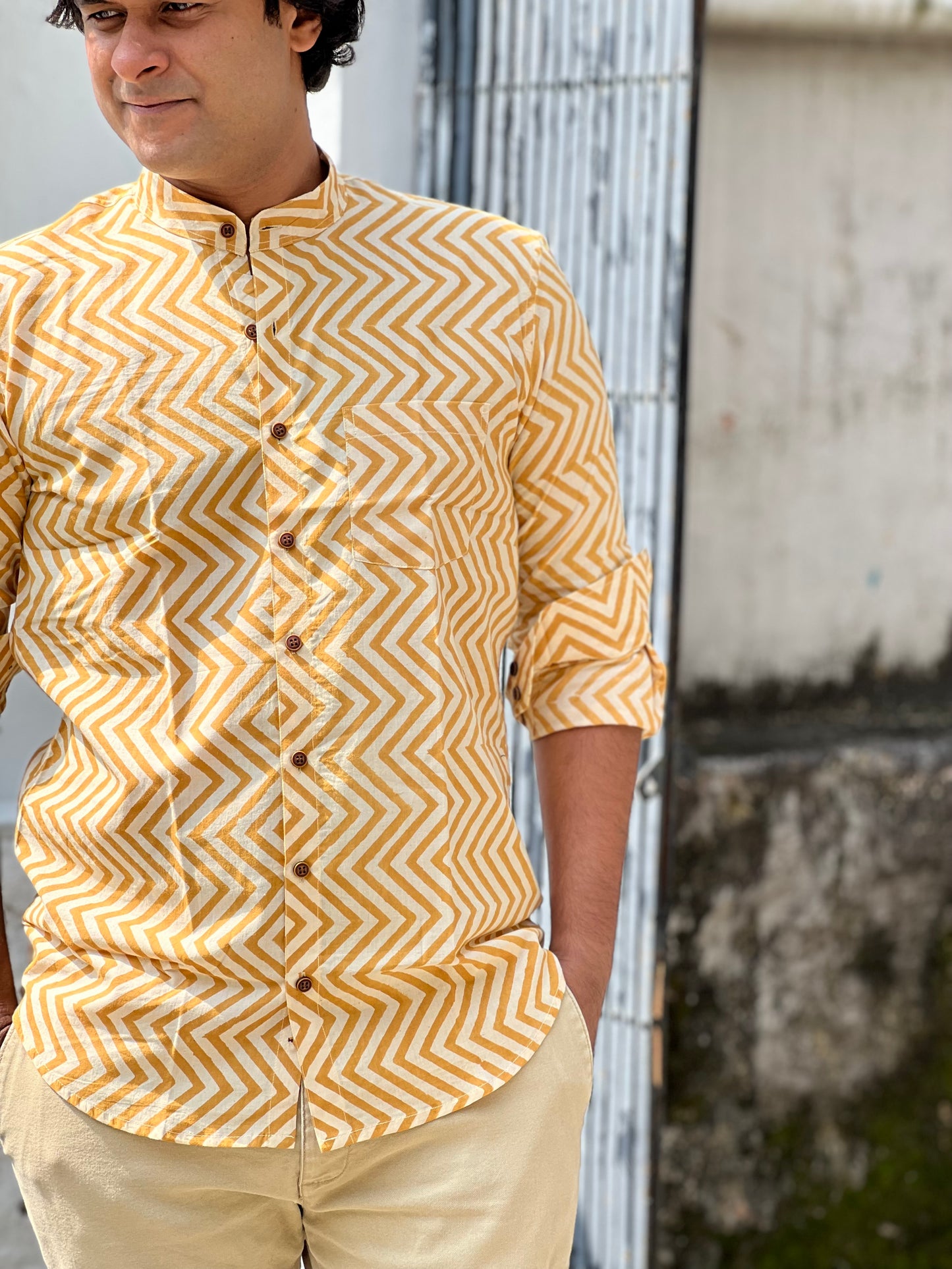 Southloom Jaipur Cotton Yellow Hand Block Printed Shirt (Full Sleeves)