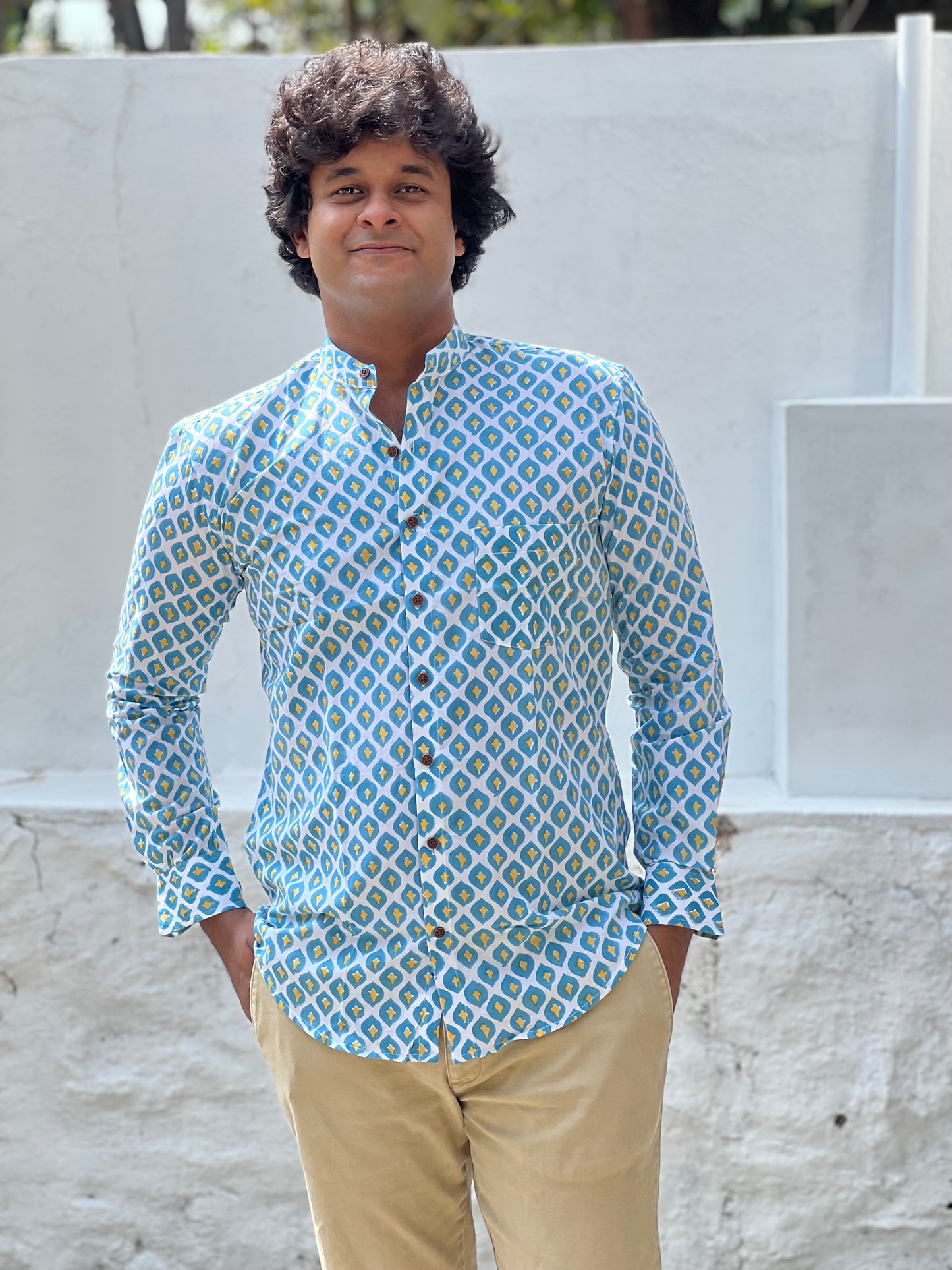 Southloom Jaipur Cotton Blue and Yellow Hand Block Printed Shirt (Full Sleeves)