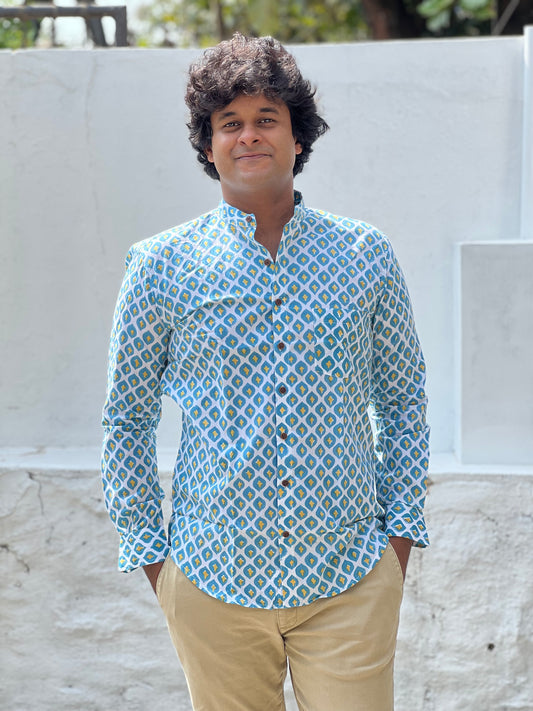 Southloom Jaipur Cotton Blue and Yellow Hand Block Printed Shirt (Full Sleeves)