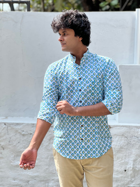 Southloom Jaipur Cotton Blue and Yellow Hand Block Printed Shirt (Full Sleeves)