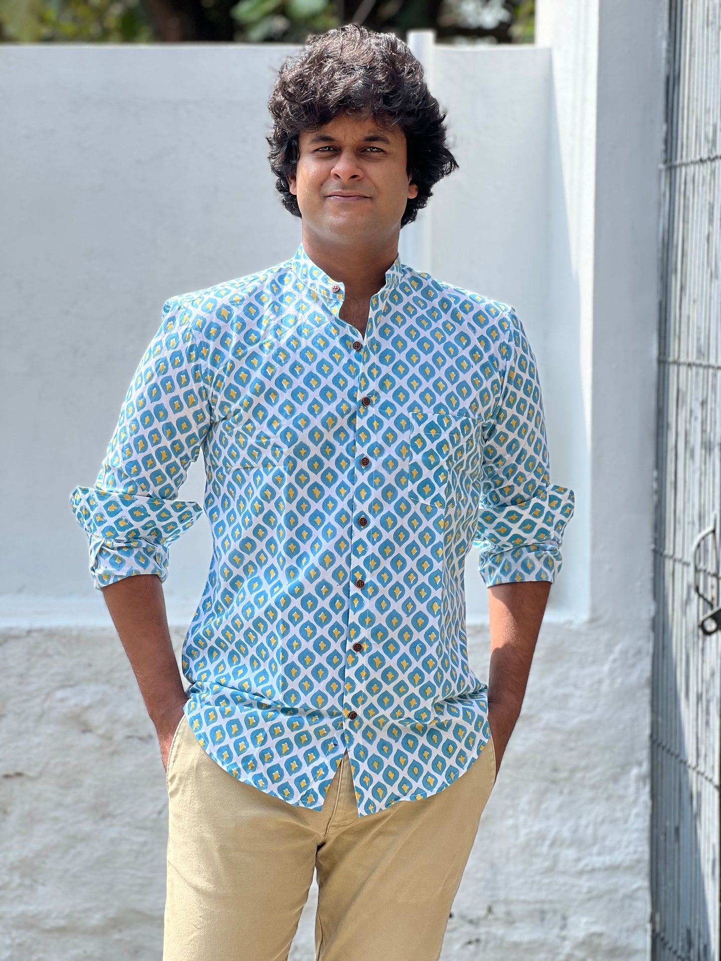 Southloom Jaipur Cotton Blue and Yellow Hand Block Printed Shirt (Full Sleeves)