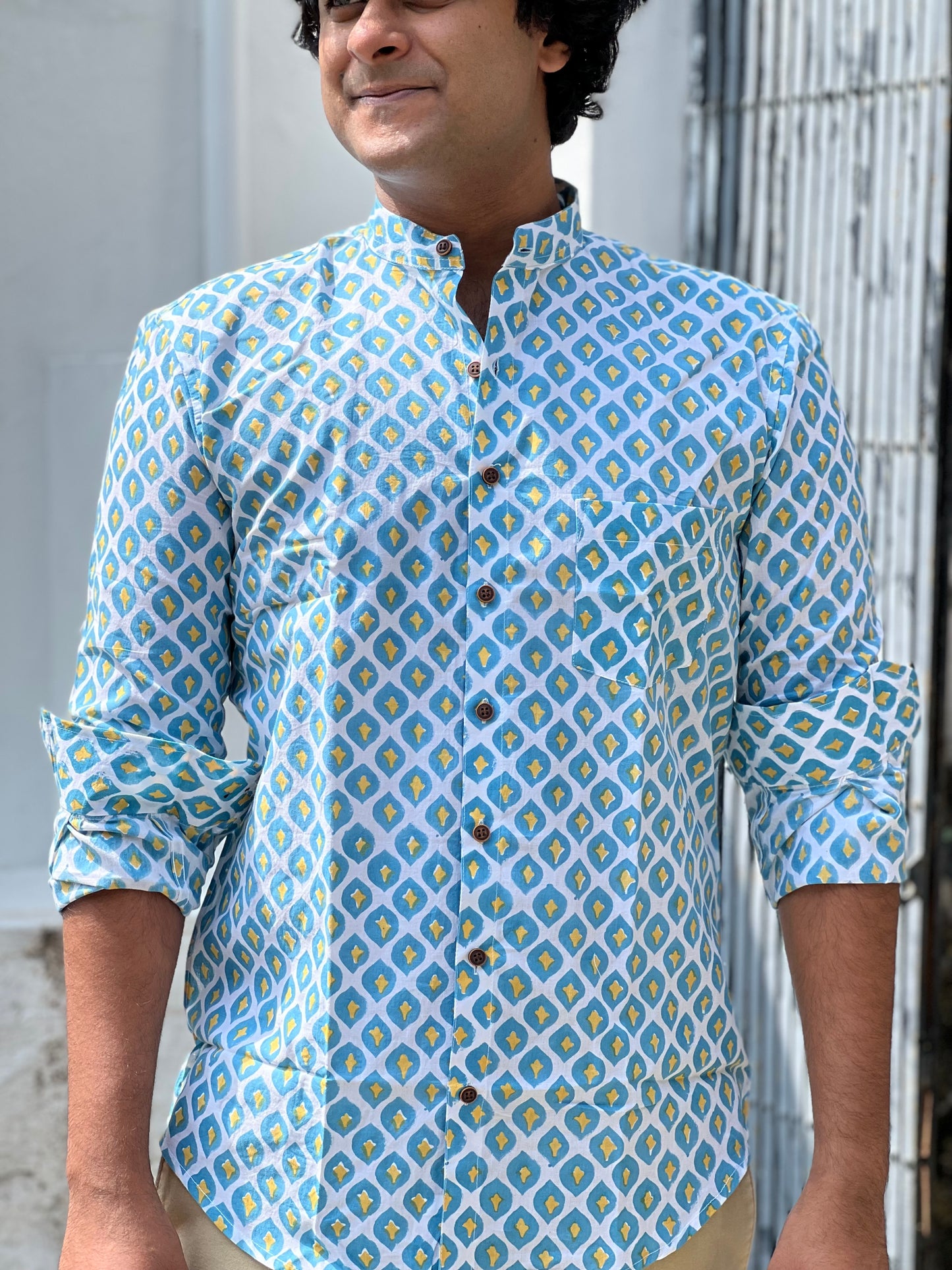 Southloom Jaipur Cotton Blue and Yellow Hand Block Printed Shirt (Full Sleeves)