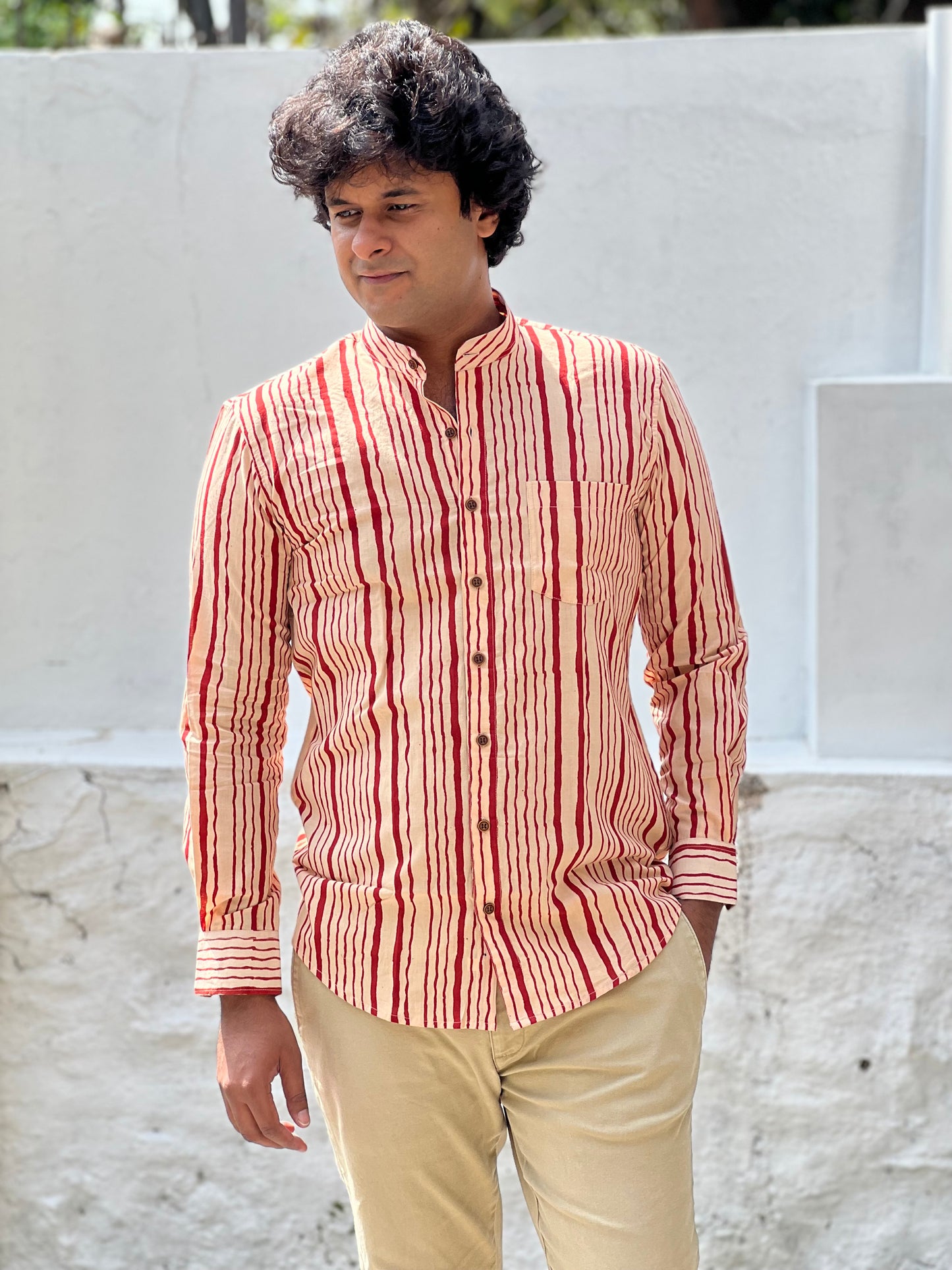 Southloom Jaipur Cotton Red Hand Block Printed Shirt (Full Sleeves)