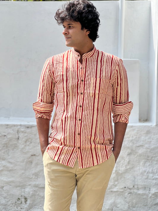 Southloom Jaipur Cotton Red Hand Block Printed Shirt (Full Sleeves)