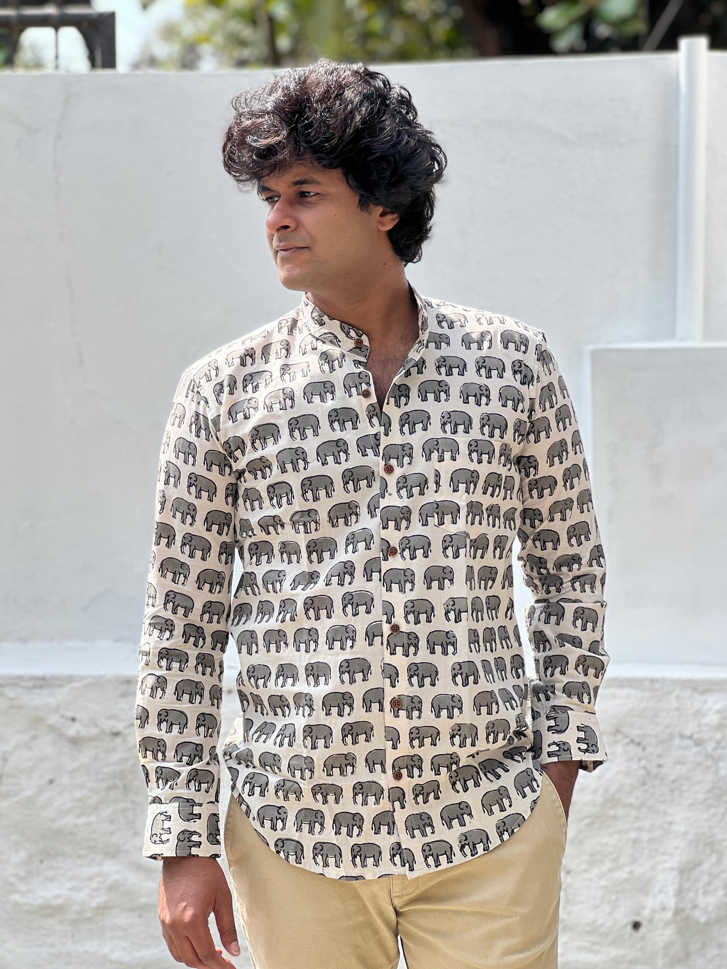 Southloom Jaipur Cotton Grey Elephant Hand Block Printed Shirt (Full Sleeves)