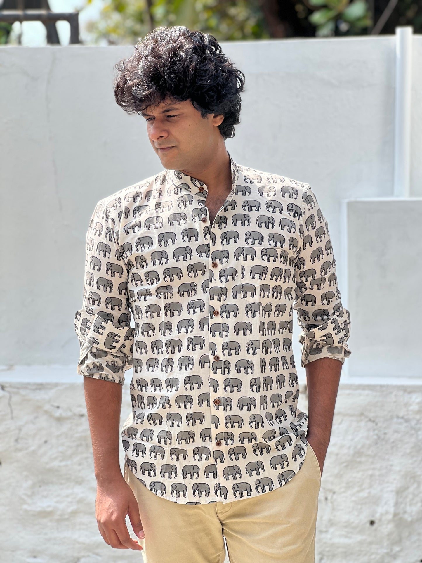 Southloom Jaipur Cotton Grey Elephant Hand Block Printed Shirt (Full Sleeves)