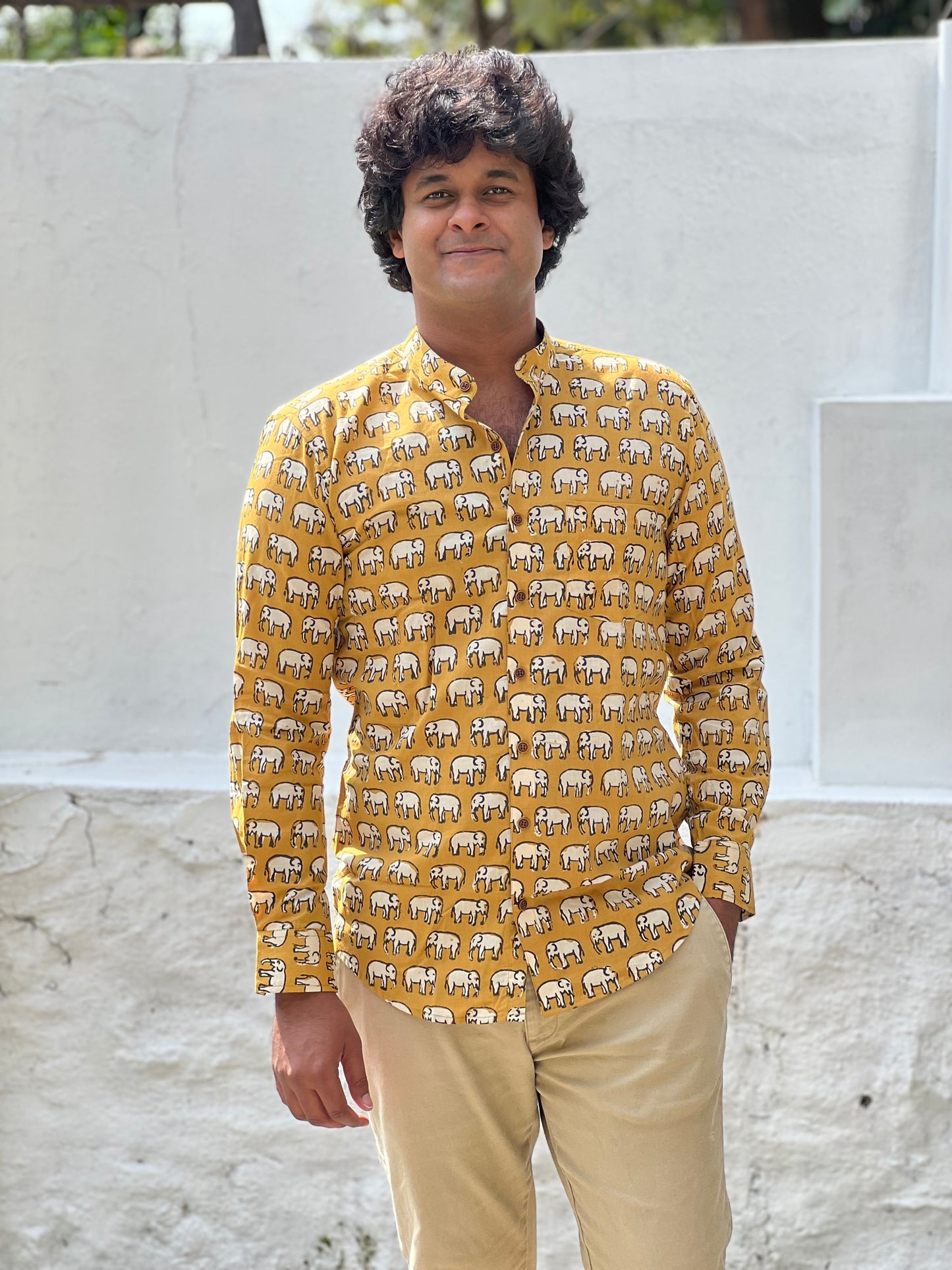 Southloom Jaipur Cotton Yellow Elephant Hand Block Printed Shirt (Full Sleeves)