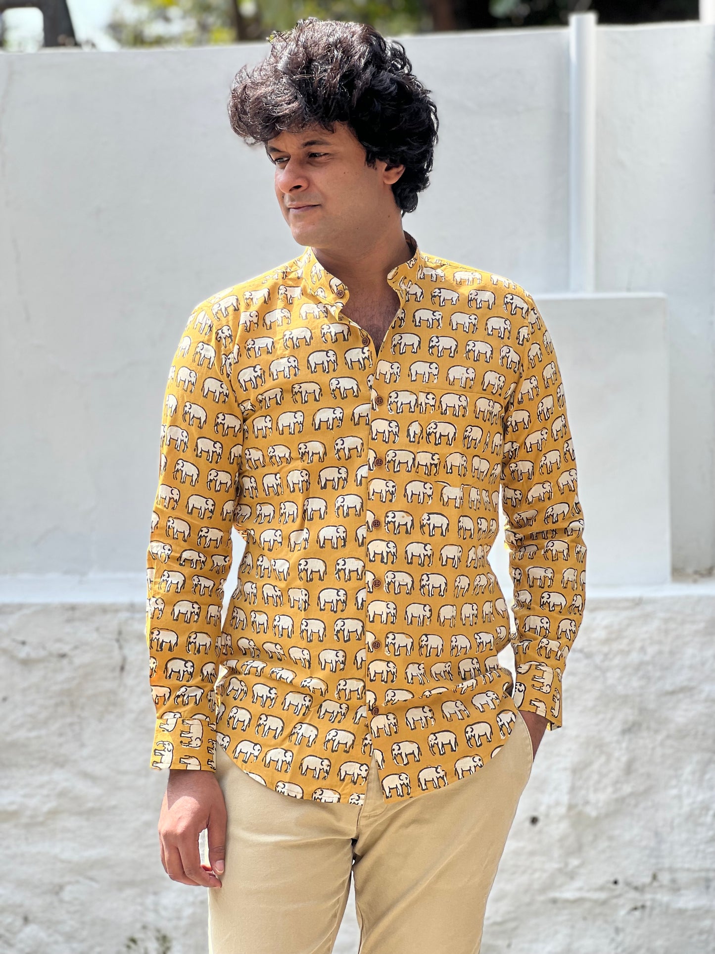 Southloom Jaipur Cotton Yellow Elephant Hand Block Printed Shirt (Full Sleeves)