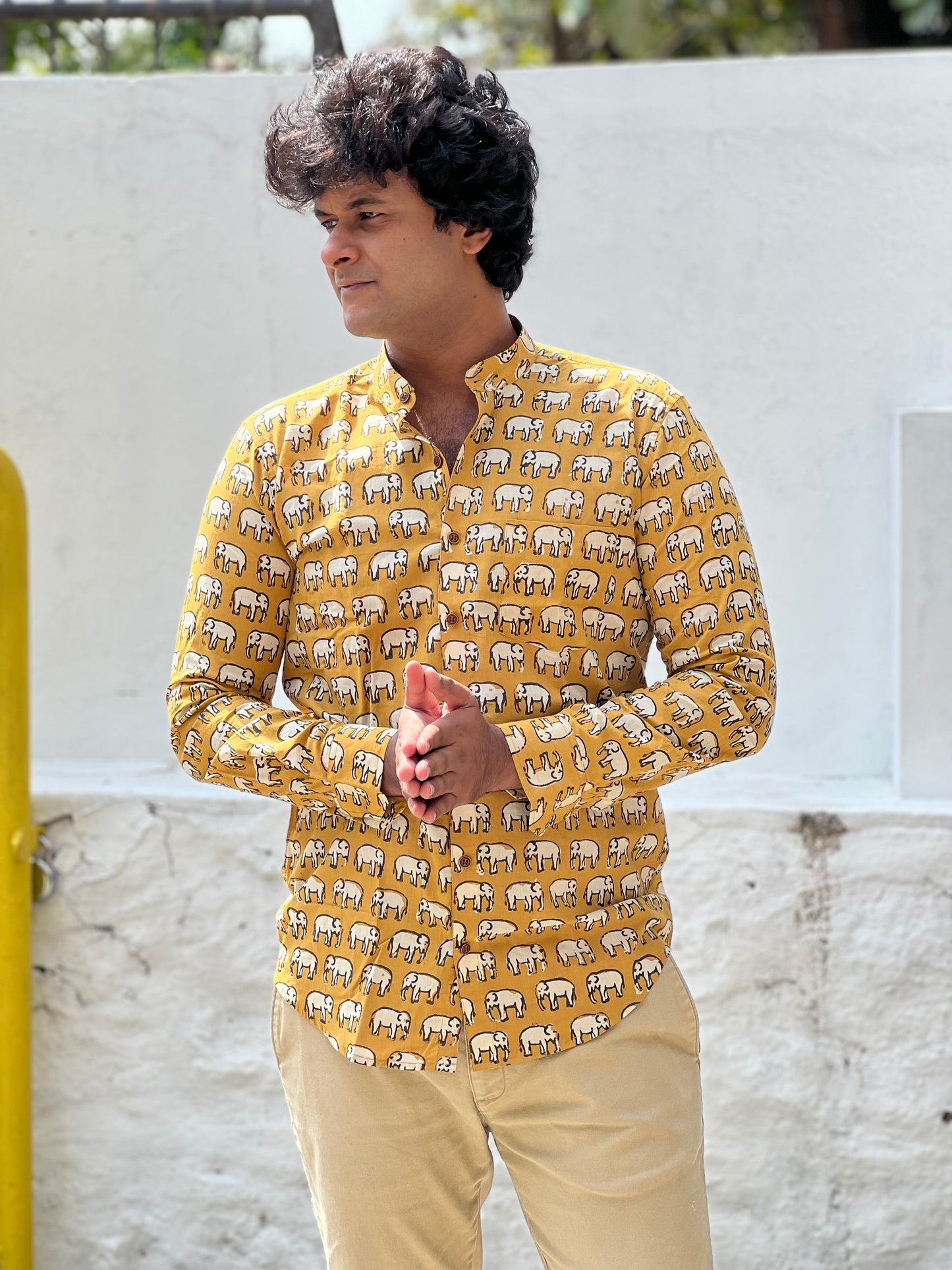 Southloom Jaipur Cotton Yellow Elephant Hand Block Printed Shirt (Full Sleeves)