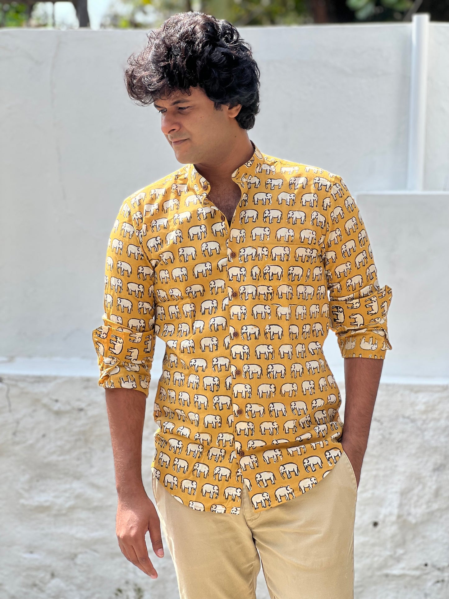 Southloom Jaipur Cotton Yellow Elephant Hand Block Printed Shirt (Full Sleeves)