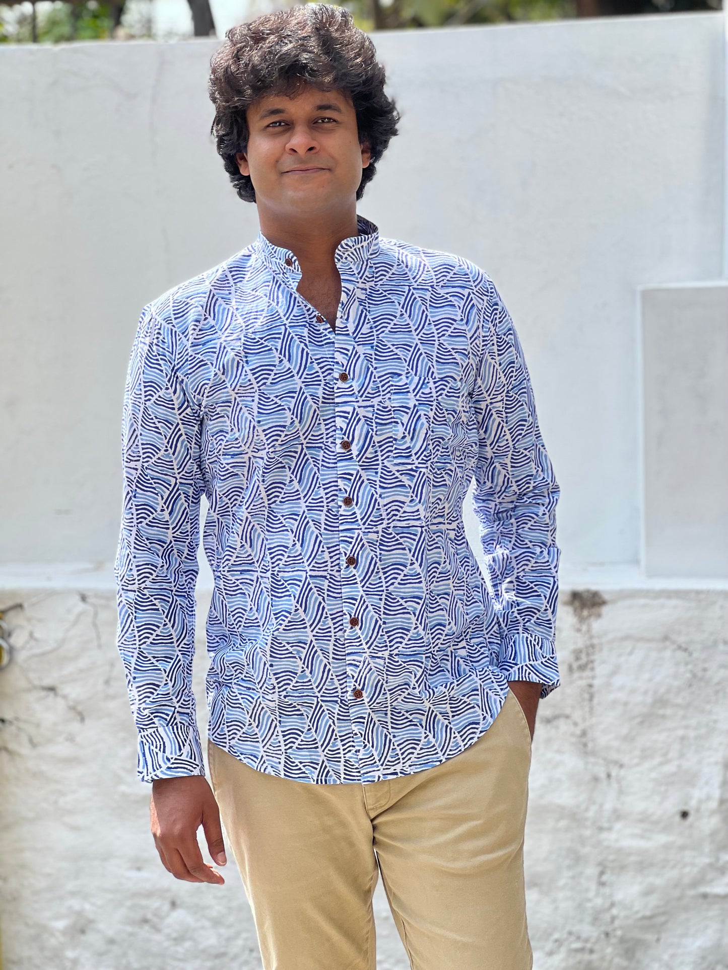 Southloom Jaipur Cotton Blue Hand Block Printed Shirt (Full Sleeves)