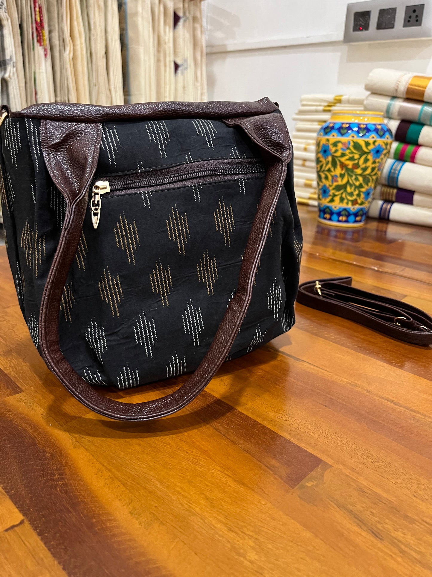 Southloom™ Handmade Printed Design Black Sling Bag with Leatherette