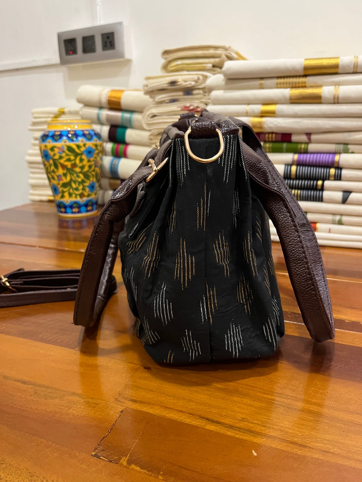 Southloom™ Handmade Printed Design Black Sling Bag with Leatherette