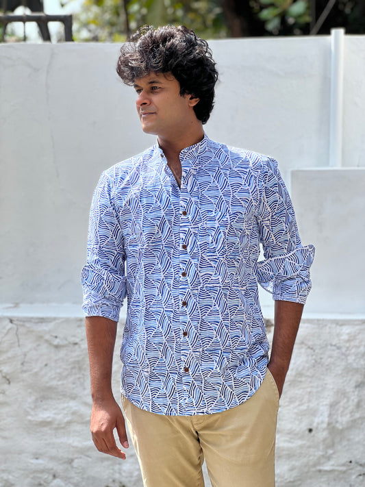 Southloom Jaipur Cotton Blue Hand Block Printed Shirt (Full Sleeves)