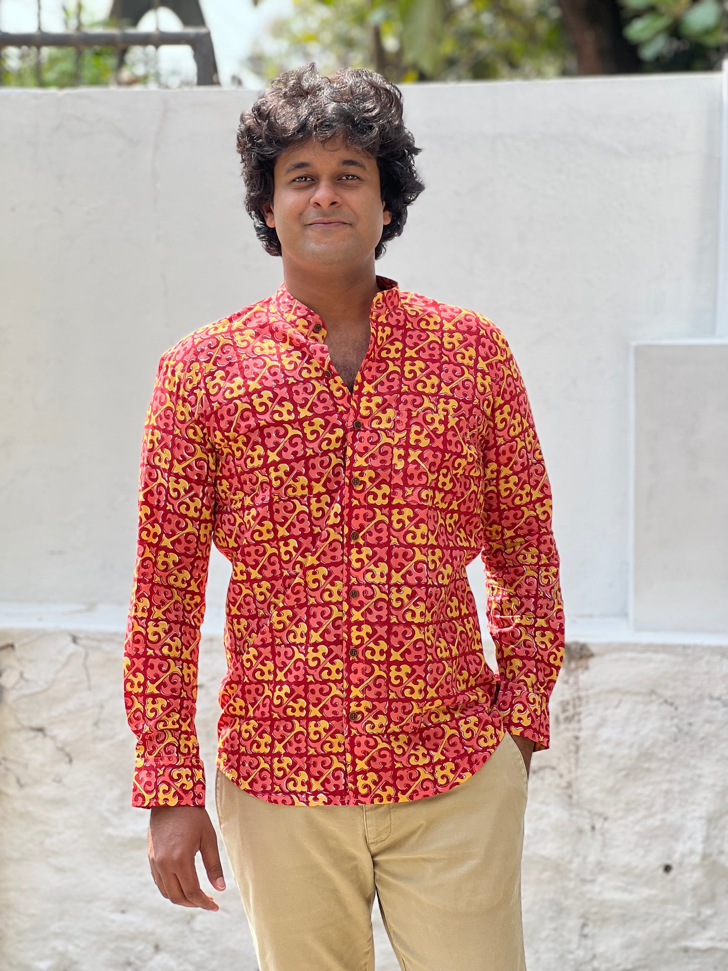 Southloom Jaipur Cotton Red and Yellow Hand Block Printed Shirt (Full Sleeves)