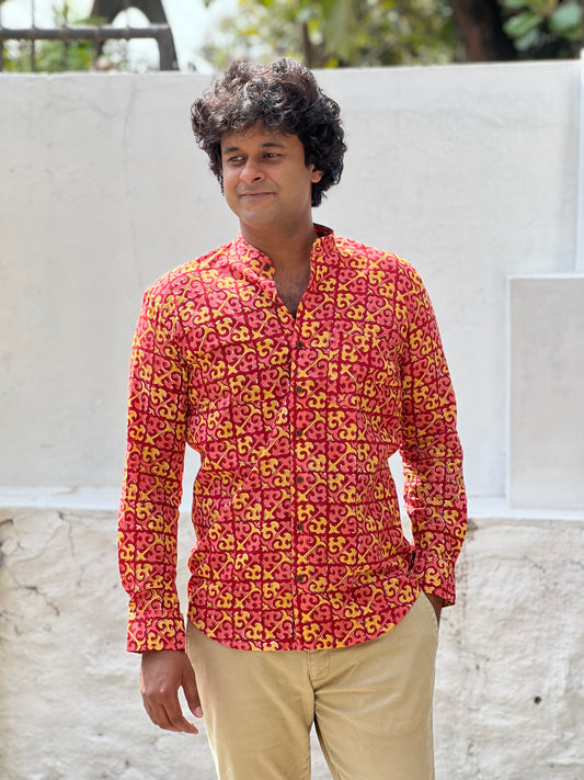 Southloom Jaipur Cotton Red and Yellow Hand Block Printed Shirt (Full Sleeves)