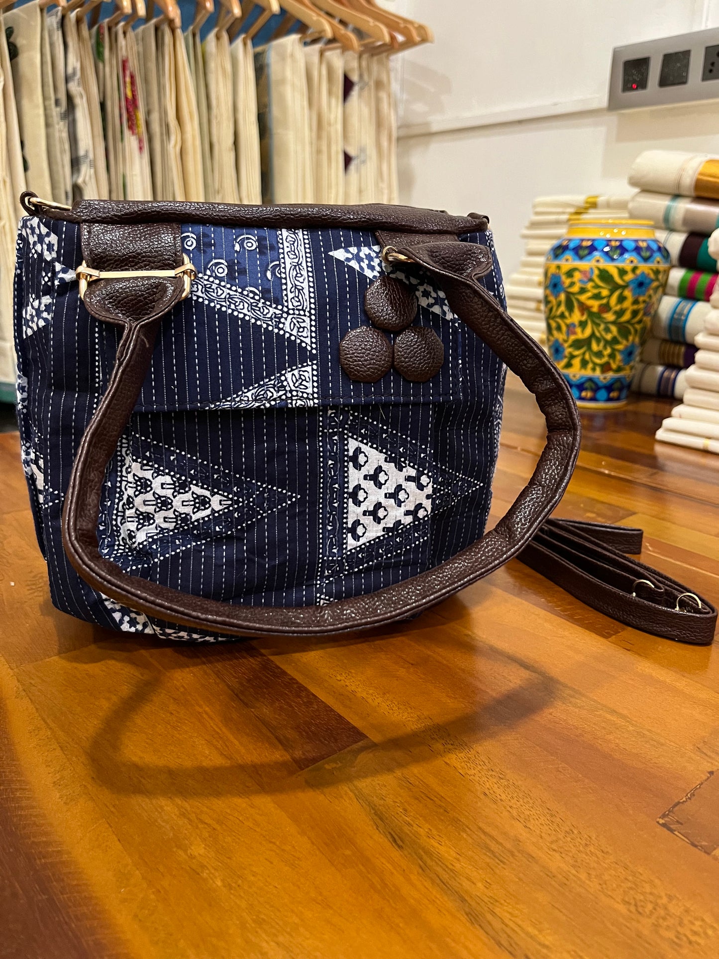 Southloom™ Handmade Printed Design Blue Sling Bag with Leatherette