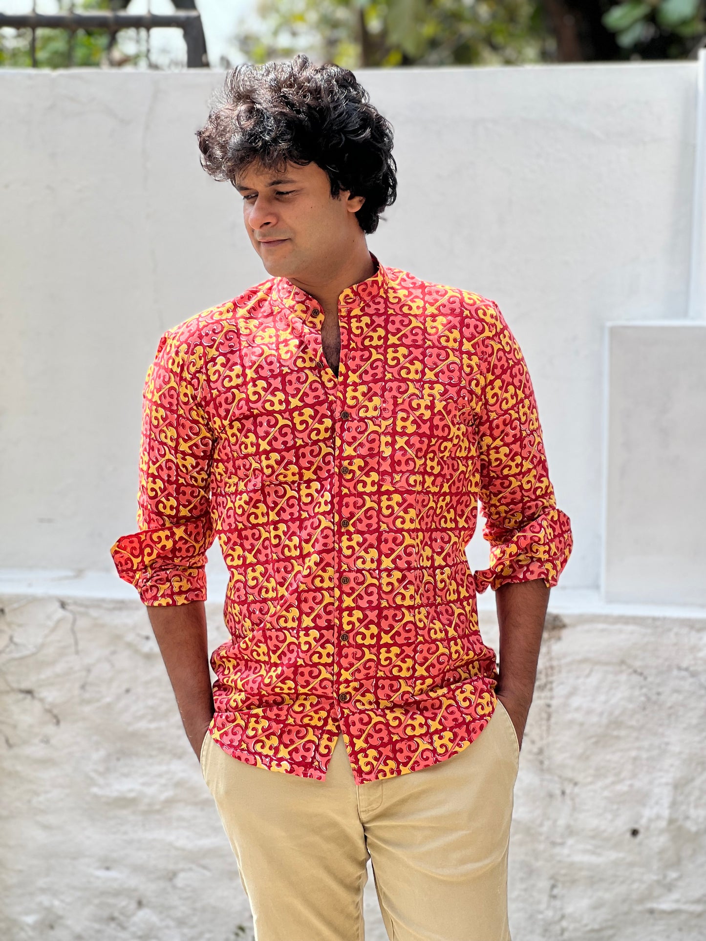 Southloom Jaipur Cotton Red and Yellow Hand Block Printed Shirt (Full Sleeves)